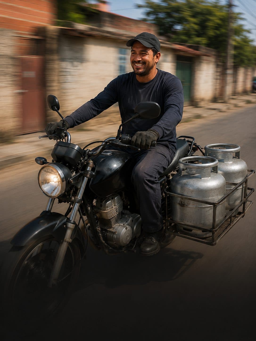 Entregador de gás de moto com botijões prateados numa rua brasileira