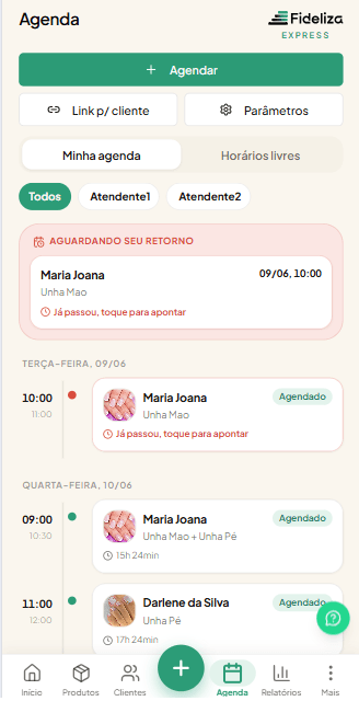 Agenda do Fideliza Express com horários por atendente e pendentes de apontamento
