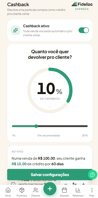 Tela de cashback do Fideliza Express com o seletor de percentual e a simulação ao vivo