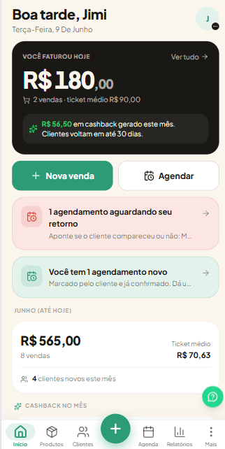 Tela inicial do Fideliza Express com faturamento do dia, cashback e agendamentos
